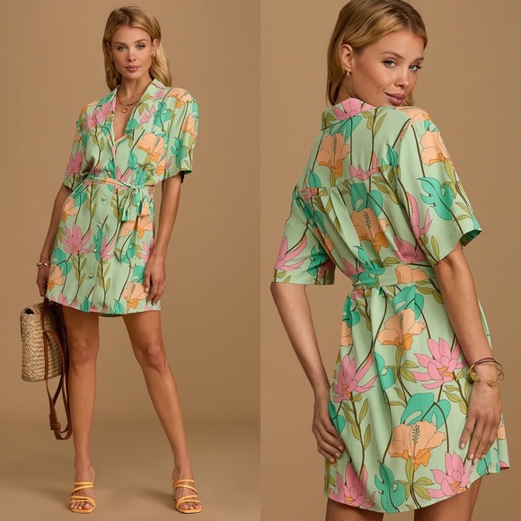 Lulus Dresses & Skirts - Lulus | Totally Tropical Light Green Floral Print Button-Up Shirt Dress